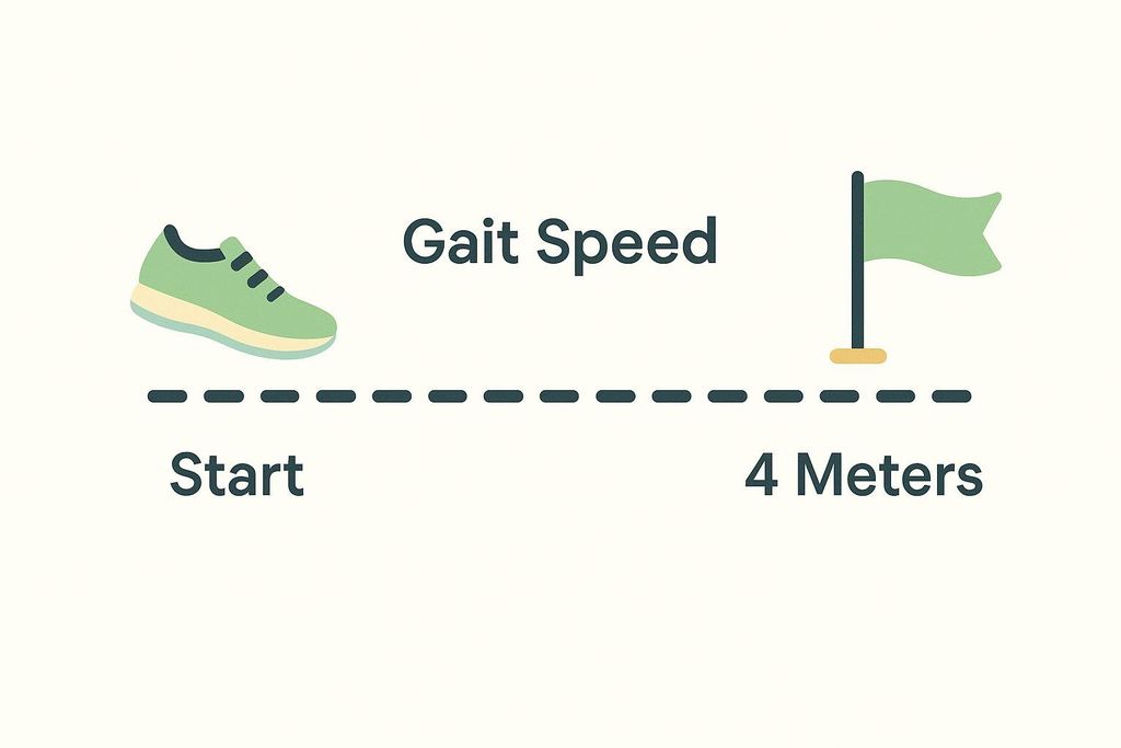 A diagram illustrating the measurement of gait speed. It shows a green running shoe at the 'Start' of a dashed line, indicating a walking path. At the end of the dashed line, 4 meters away, there is a green flag marking the finish line. The text 'Gait Speed' is positioned above the path.