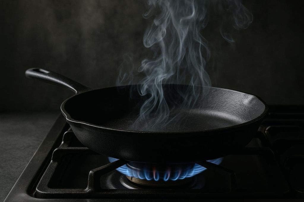 A black cast iron frying pan sits on a gas stove burner with a visible blue flame. Smoke rises from the pan. The background is dark and out of focus.