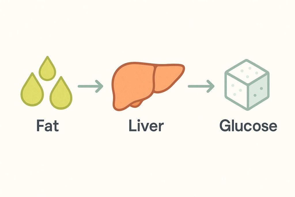 Flowchart showing three fat droplets transforming into a liver, which then transforms into a glucose molecule, illustrating the process of fat converting to glucose in the liver.