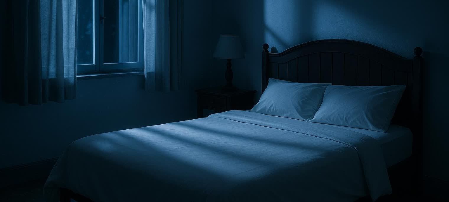 A dark bedroom illuminated by moonlight filtering through a window. The bed is neatly made with white sheets and pillows, and a bedside table with a lamp is visible next to it.