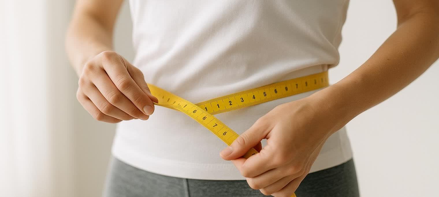 A person in a white shirt measures their waist circumference with a yellow measuring tape.