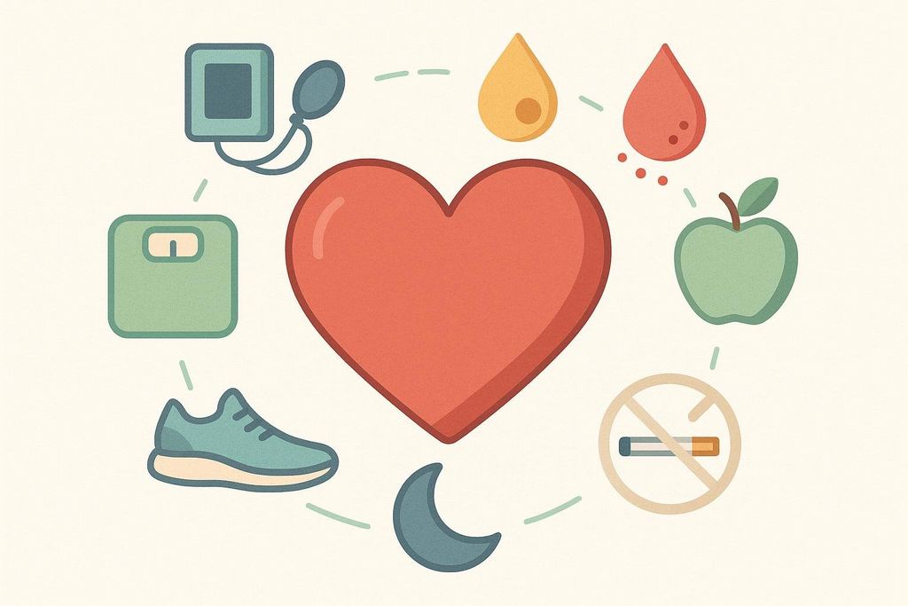 Illustration of a heart surrounded by icons representing good heart health: a blood pressure cuff, a scale, a running shoe, a crescent moon, a no smoking sign, an apple, a drop of blood, and a drop of oil.
