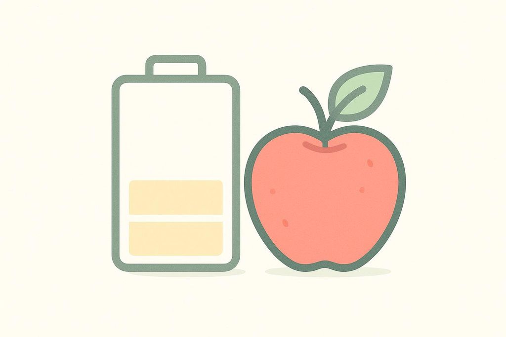 An illustration of a battery icon that is about half full, positioned next to a red apple with a green leaf and stem. This image symbolizes the relationship between eating a healthy diet and having energy.