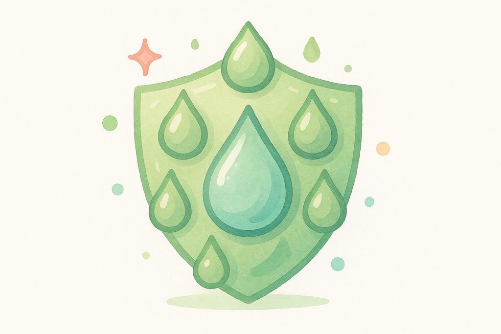 An illustration of a green shield shape with several light blue water droplets on it. There's a larger droplet in the center and smaller ones surrounding it. The background is a light, textured off-white, with a small orange star shape and various scattered colorful dots.