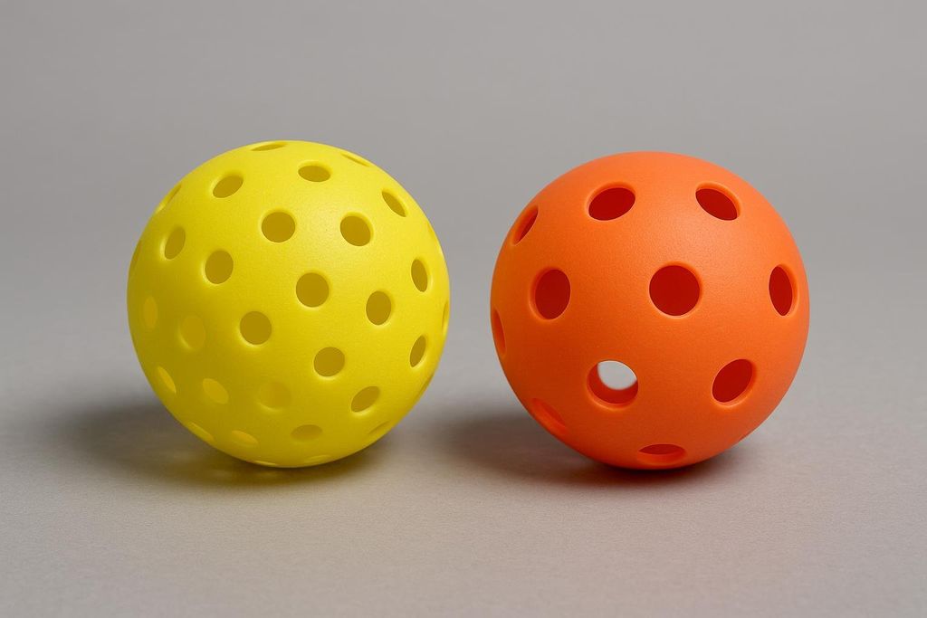 An indoor pickleball with large holes and an outdoor pickleball with small holes are shown side-by-side for comparison. The indoor ball is yellow, and the outdoor ball is orange.