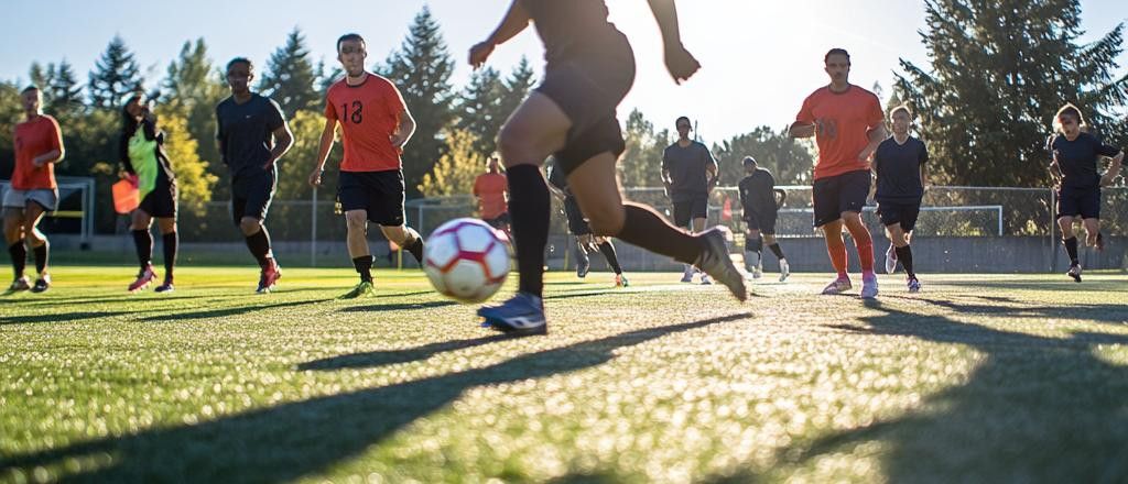 A group of people playing soccer on a sunny field.