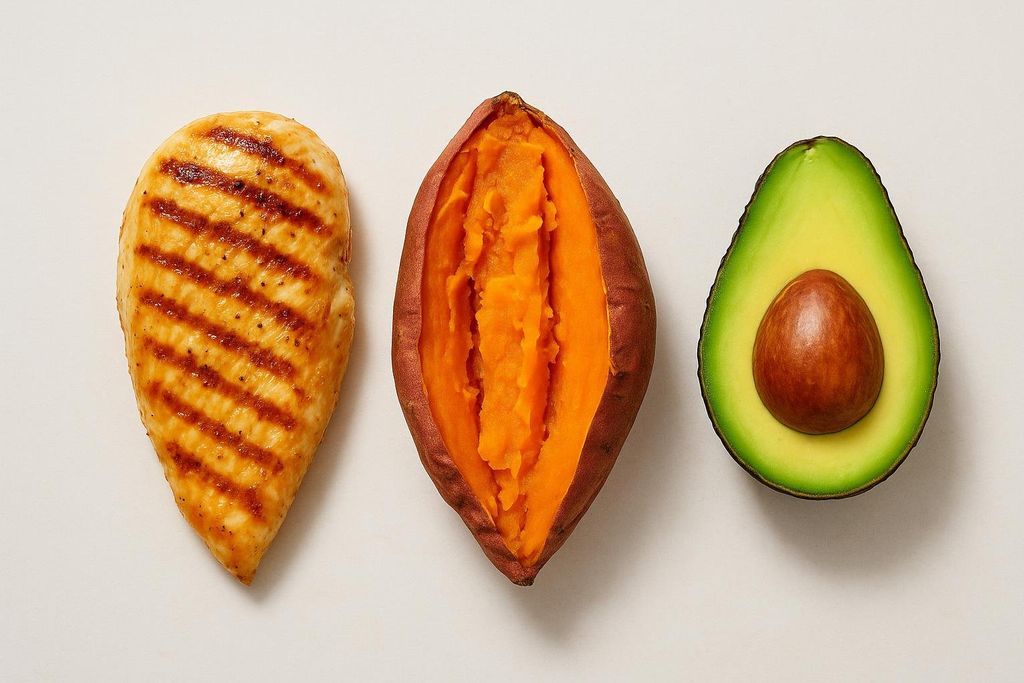 Flat lay showcasing macronutrients with grilled chicken, a baked sweet potato, and a halved avocado.