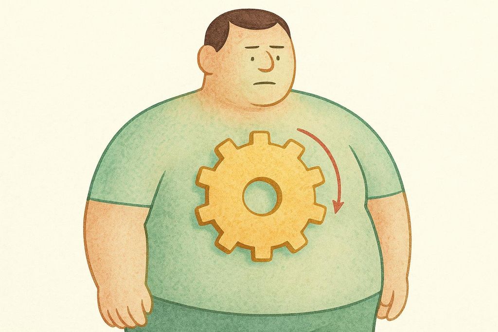 An illustration of a broad figure with a slow-moving gear inside, symbolizing an endomorph's slow metabolism.