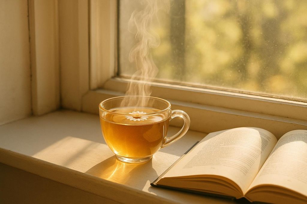A steaming cup of chamomile tea with a floating flower on a sunlit windowsill, next to an open book. The background shows a blurred view of green foliage outside the window.