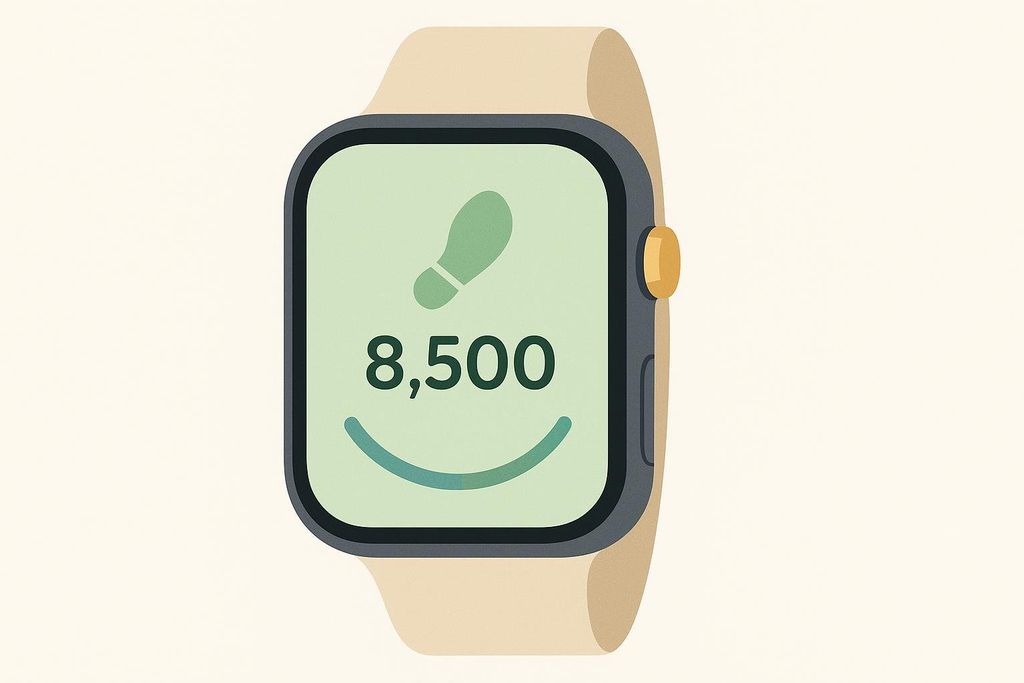 Minimalist illustration of a smartwatch tracking daily steps, showing 8,500 steps and a green footstep icon on a light green screen, with a beige watchband.
