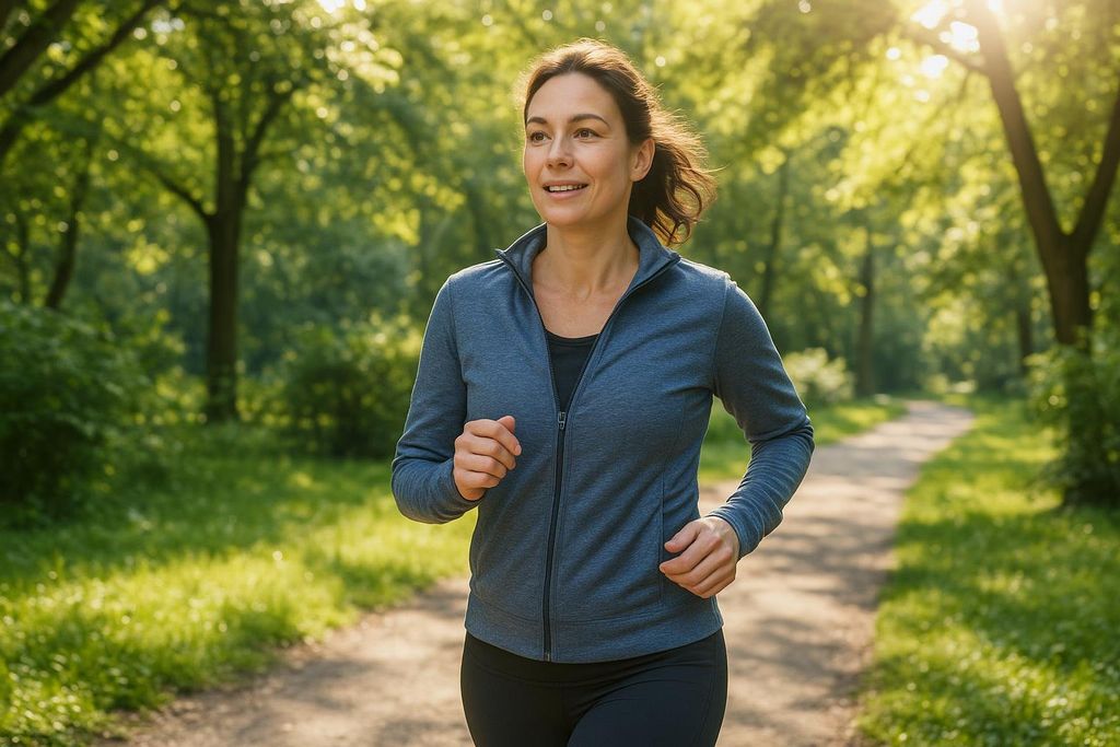 A smiling woman wearing athletic clothing is jogging on a path in a sunny park.