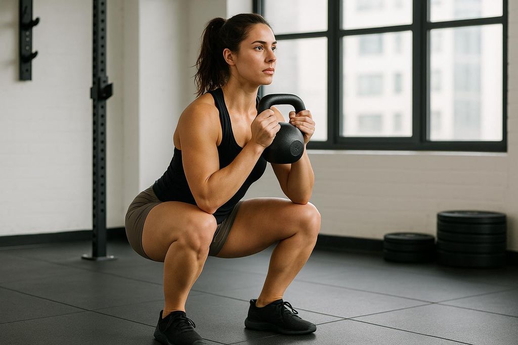 A woman with her hair tied back in a ponytail performs a goblet squat in a gym, holding a kettlebell with both hands at chest level. She is wearing a black tank top, dark shorts, and black athletic shoes, demonstrating good form in a squatting position. In the background, there's a squat rack and a window.