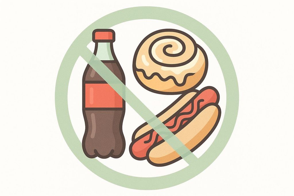 A graphic illustration crossing out processed foods like hot dogs and soda.
