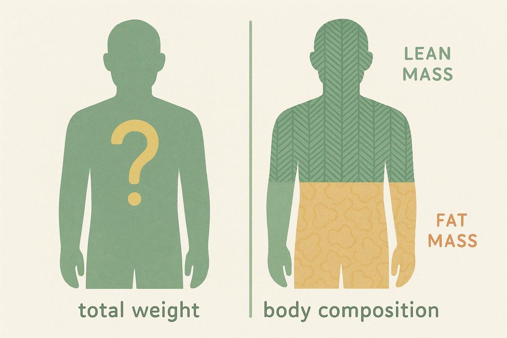Illustration comparing two figures: one representing the uncertainty of body weight with a question mark, and the other clearly showing the breakdown of lean mass (green) and fat mass (orange) labeled as 'body composition'.