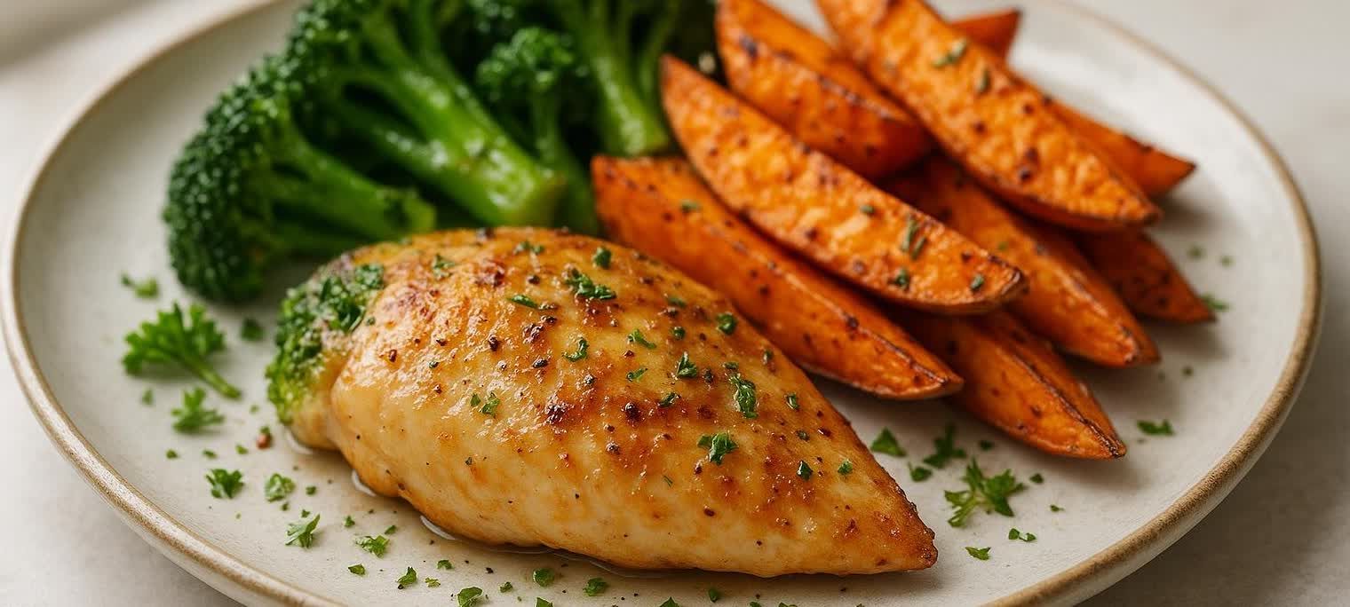 A healthy, high-protein meal of glistening chicken breast, steamed broccoli, and roasted sweet potato wedges, sprinkled with fresh herbs, served on a light-colored plate.