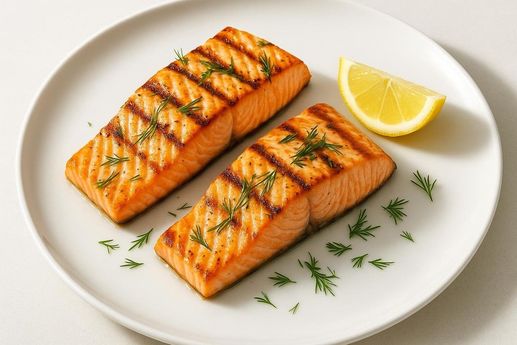 Two perfectly grilled salmon fillets on a white plate, garnished with fresh dill and a slice of lemon.