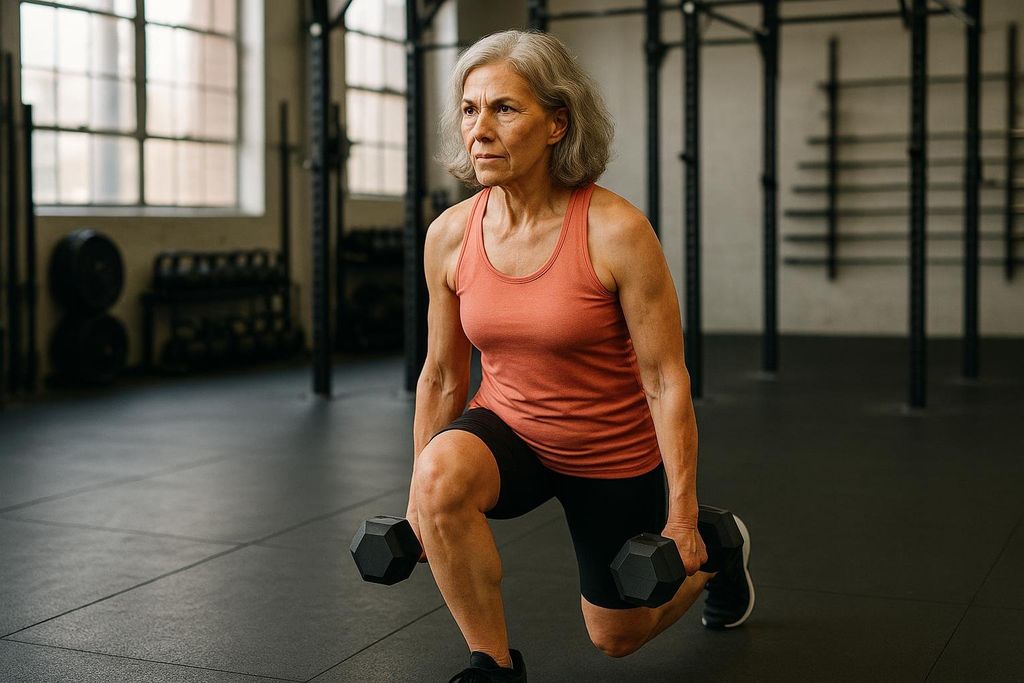 A fit senior woman with gray hair performs a weighted lunge with dumbbells in a gym, demonstrating an intermediate resistance exercise.