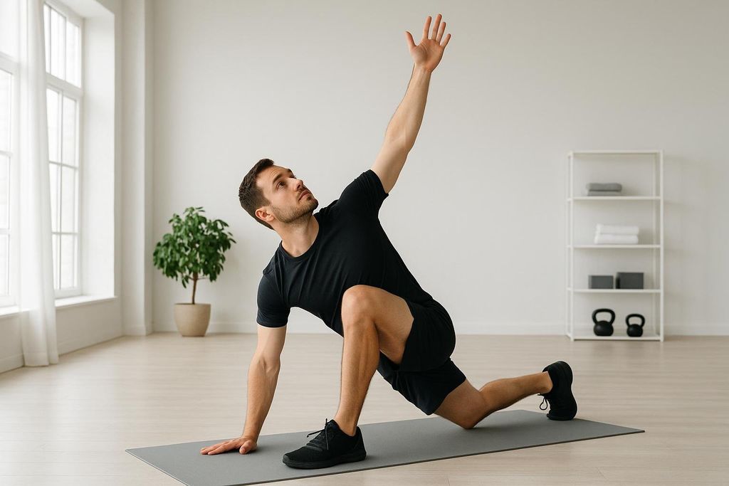 A man in black athletic wear performs the rotational part of the World's Greatest Stretch on a gray yoga mat in a brightly lit room with white walls, a large window, and a green plant in the background. His left arm is extended upwards and his right hand is on the mat.