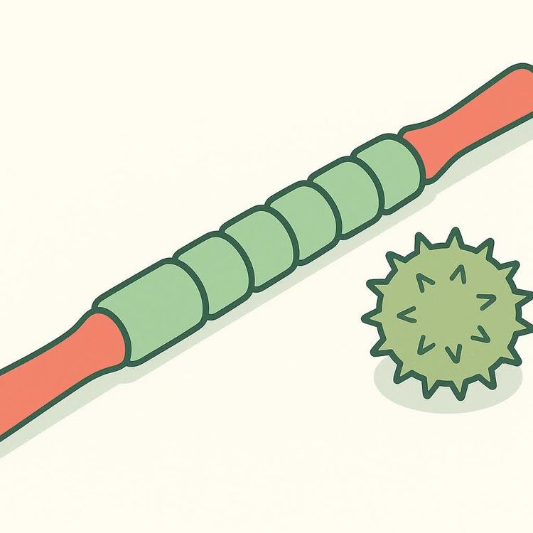 Illustration of a red and green therapy stick with segmented rollers and a green spiky massage ball.