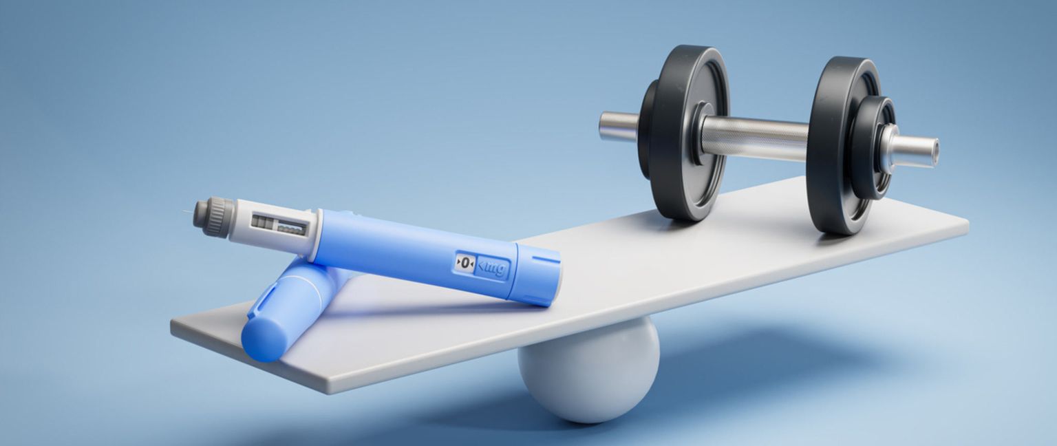 A GLP-1 injection pen is balanced with a dumbbell on a seesaw, symbolizing the balance between medication and exercise for weight management.