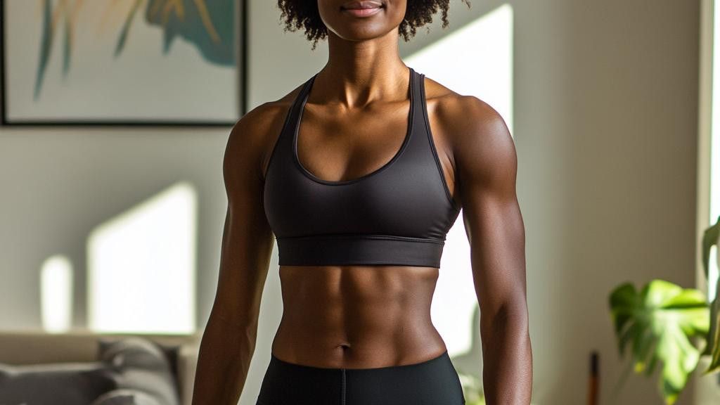 A woman in a sports bra shows off her sculpted abdominal muscles.