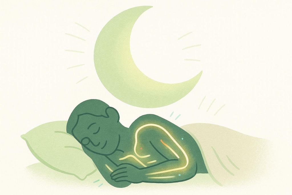 Stylized illustration representing peaceful sleep aiding muscle recovery and growth, with a crescent moon.