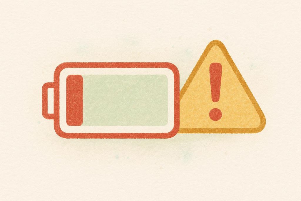 An illustration of a mostly empty battery icon next to an orange warning triangle with an exclamation mark. This symbolizes low energy or depletion risk.