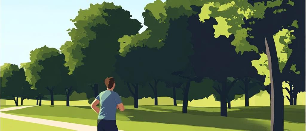 Illustration of a person running on a paved path through a park with large trees.