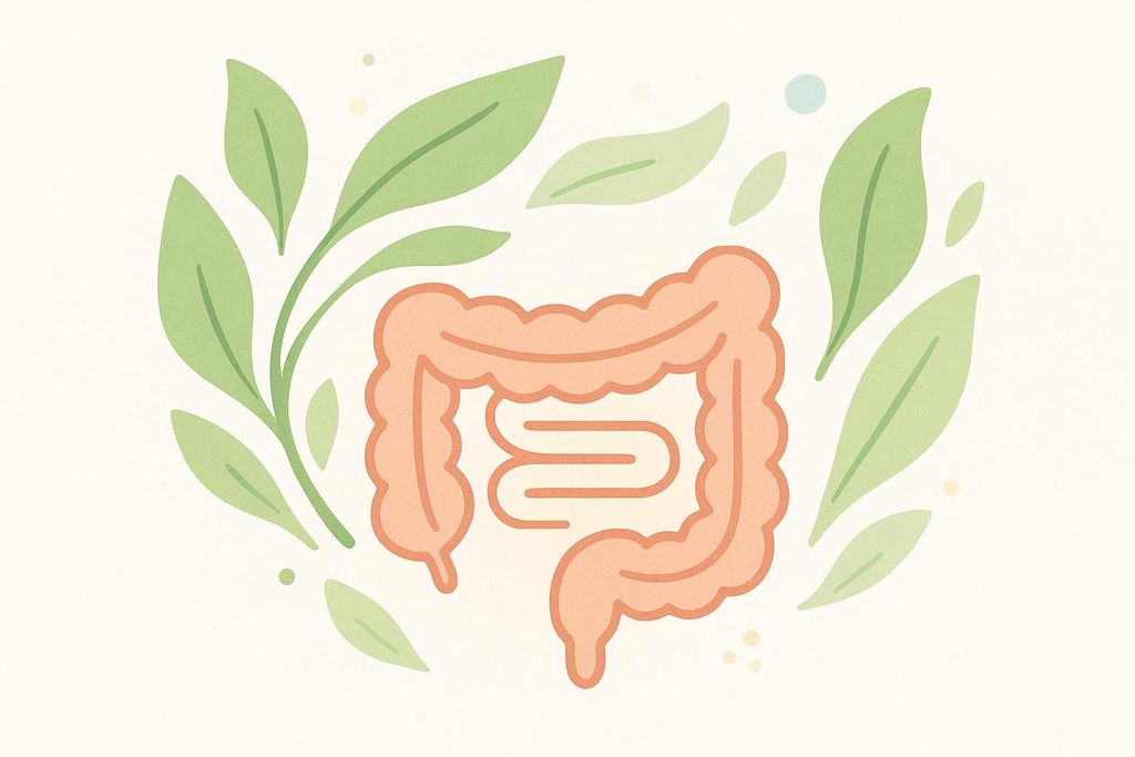 An illustration depicting an intestine surrounded by green leaves, symbolizing the benefits of vegetable fiber for gut health.
