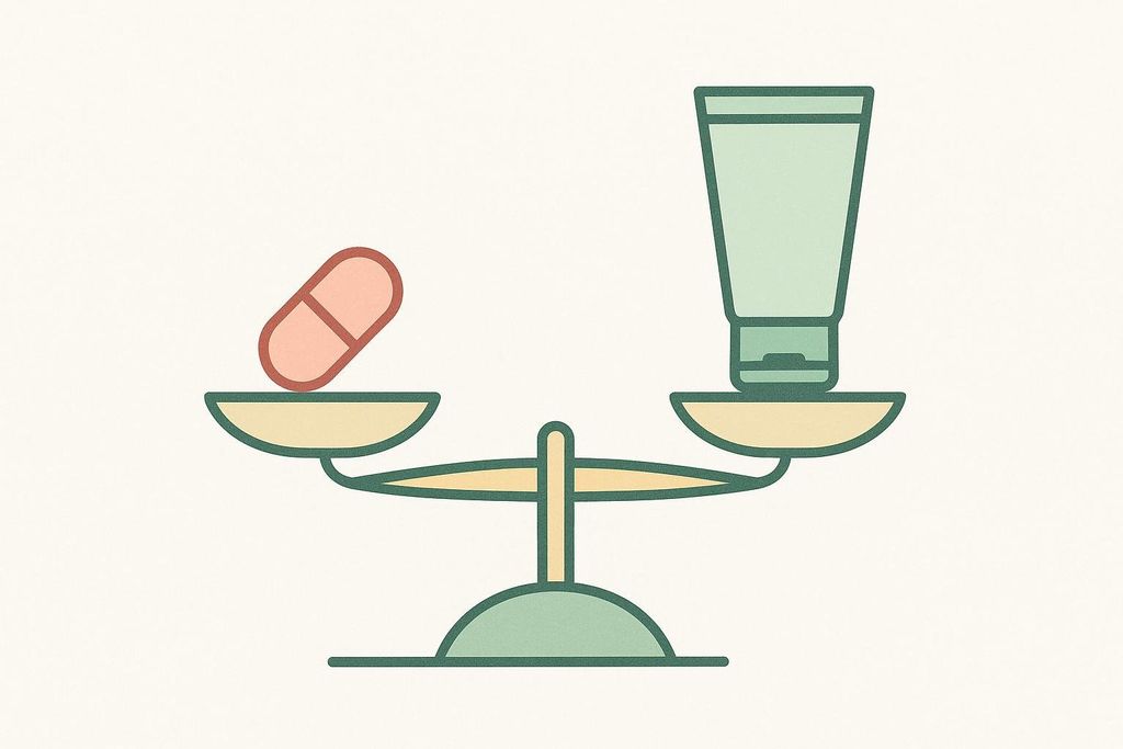 A stylized illustration of a balance scale. On the left pan is a pink pill capsule, which weighs more heavily than the light green lotion tube on the right pan, causing the scale to tilt left.