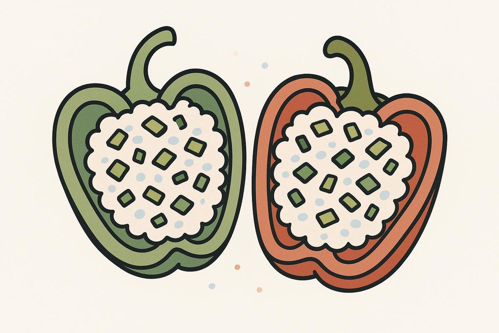 An illustration features two bell pepper halves, one green and one red, each filled with cottage cheese and speckled with green scallions.