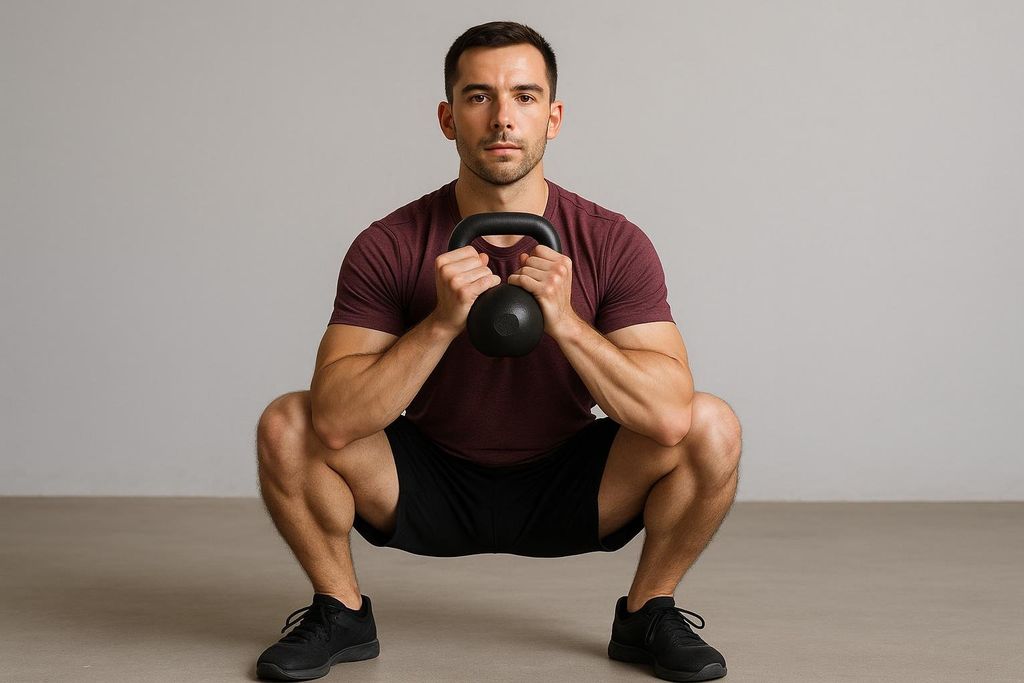 Front view of a man holding a kettlebell in the bottom position of a goblet squat, demonstrating correct form with an upright chest and elbows inside his knees.