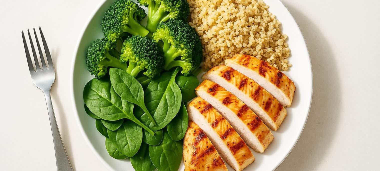 A healthy plate designed for diabetes prevention. The meal follows the 50-25-25 rule with a large portion of fresh spinach and steamed broccoli (50% vegetables), grilled chicken breast (25% lean protein), and quinoa (25% low-glycemic carbohydrates). A silver fork rests beside the plate on a light background.