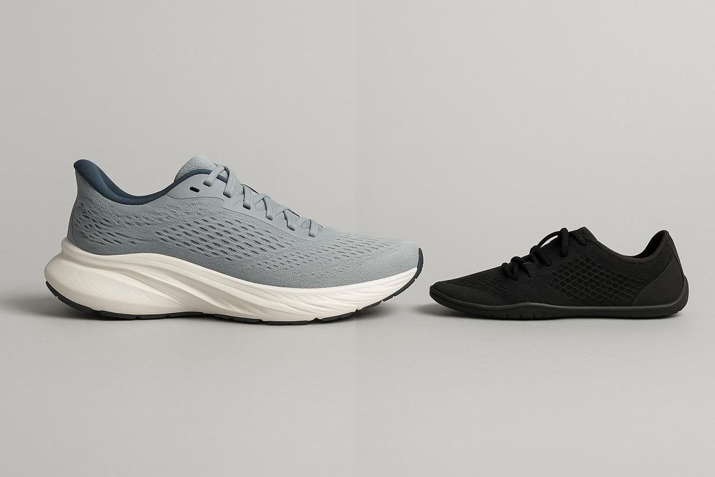 A side-by-side comparison of two running shoes on a gray background. On the left is a thick, light blue, cushioned running shoe with a prominent white sole. On the right is a thin, black, minimalist or barefoot-style running shoe with a flat sole.
