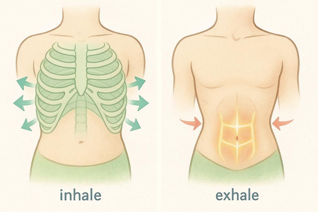 An illustration demonstrating breathing techniques. The left panel, labeled 'inhale', shows a torso with a ribcage expanding outwards, indicated by green arrows. The right panel, labeled 'exhale', shows a torso with the core engaged, highlighted by a glowing effect around the abdominal muscles and red arrows pointing inwards.