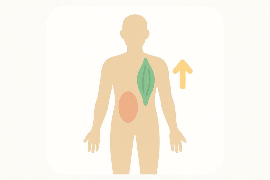Infographic showing a beige body silhouette with a green muscle shape representing increasing muscle mass and an orange oval representing fat, alongside a yellow upward arrow indicating an increase.