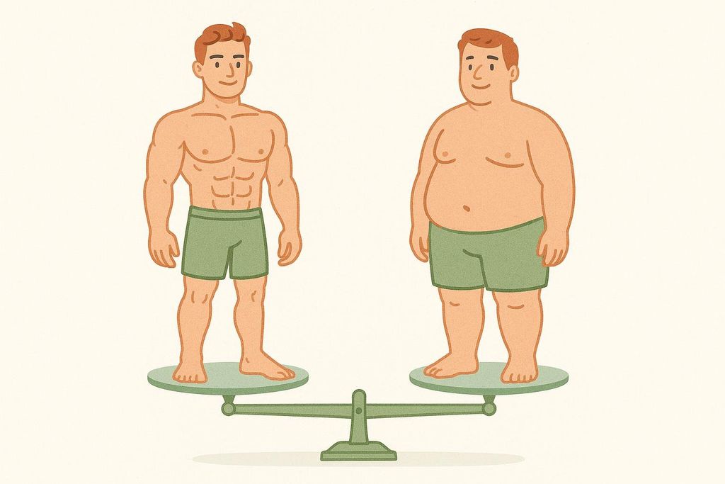 Illustration of a muscular man and a man with more body fat weighing the same on a scale, demonstrating that BMI can be misleading.