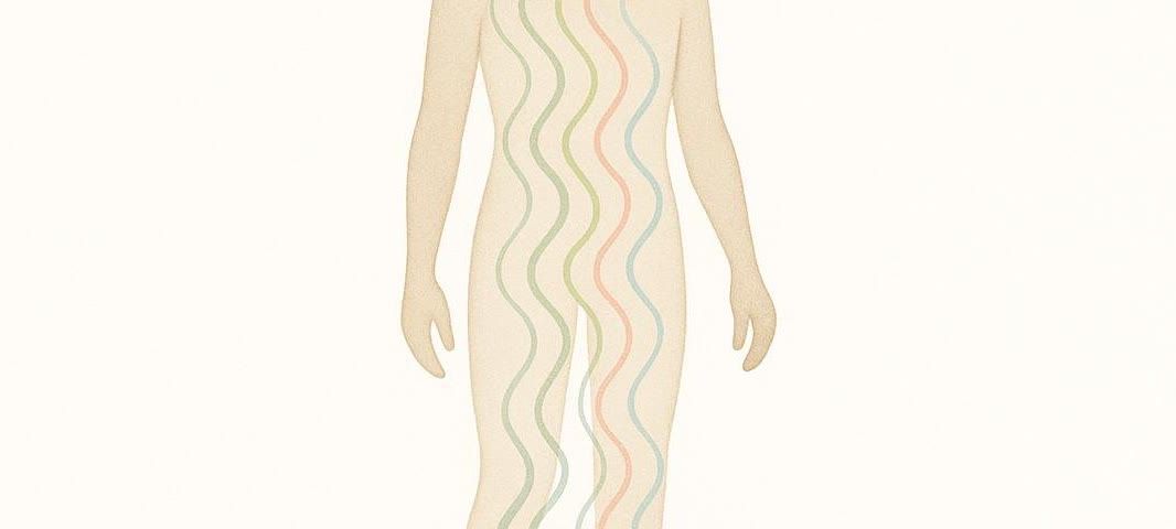 Illustration of a human silhouette with gentle, wavy lines in pastel colors (green, blue, and red) moving up the body, representing neurogenic tremors or energy flow. The background is a clean white with a subtle textured effect.