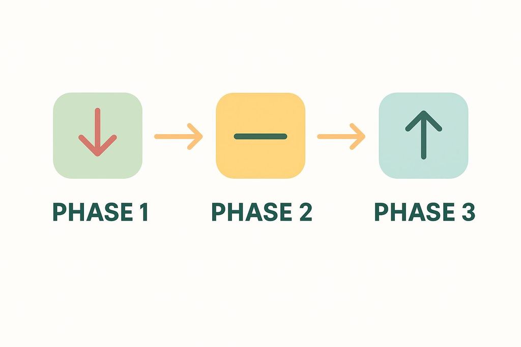 A three-phase diagram showing a progression with arrows. Phase 1, in a green square, has a red downward arrow. Phase 2, in a yellow square, has a horizontal green line. Phase 3, in a light blue square, has a green upward arrow. Yellow arrows connect each phase.