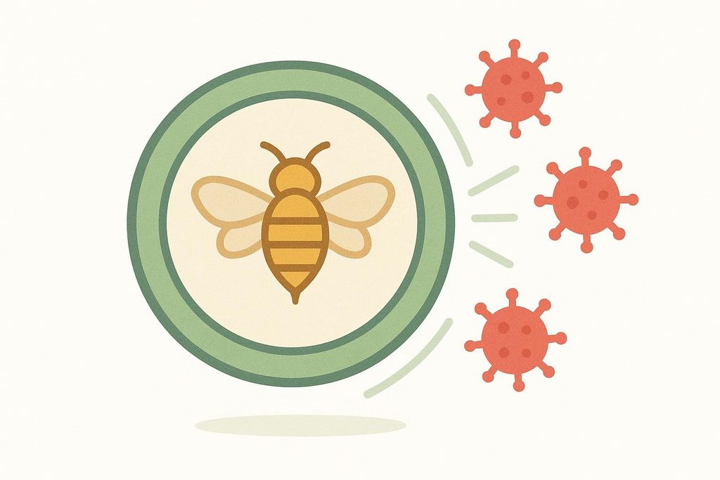 An illustration depicting a stylized bee within a green circular shield, deflecting three red virus particles with spiked surfaces. The image symbolizes propolis's protective qualities.