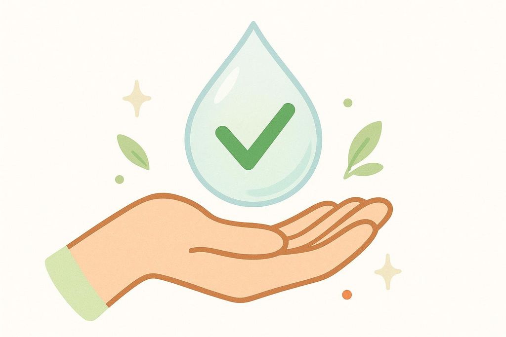 An illustration of a hand gently cupping a large water droplet. Inside the water droplet is a green checkmark. Surrounding the hand and droplet are small green leaves and sparkling golden symbols, suggesting cleanliness, nature, and validation.