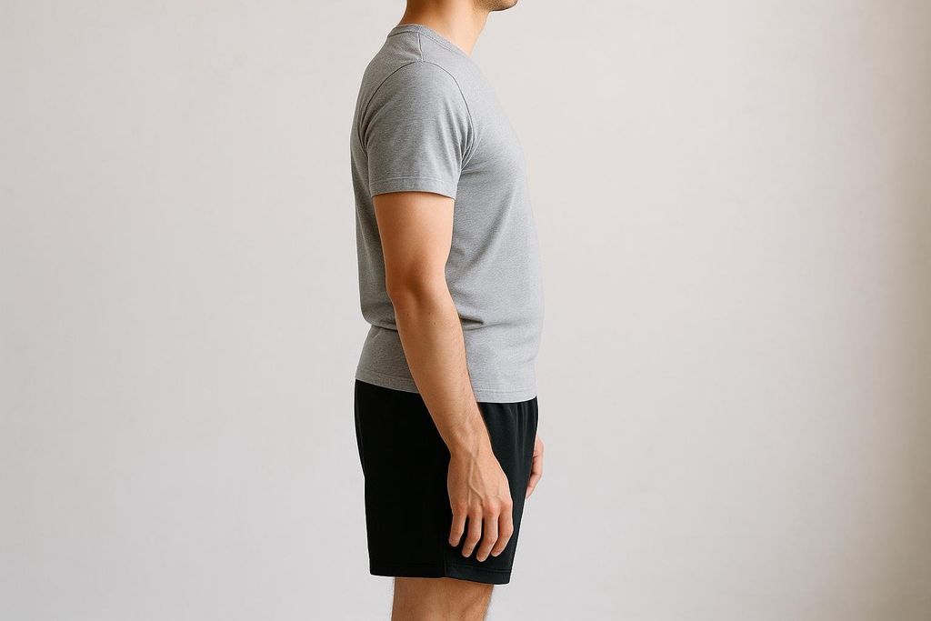 A man in a grey t-shirt and black shorts stands in a side profile view against a light background.