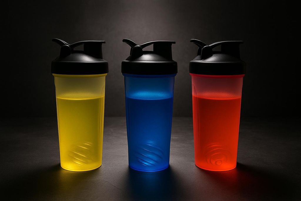 Three shaker bottles in a row, from left to right, containing yellow, blue, and red liquids, possibly protein drinks, against a dark background.