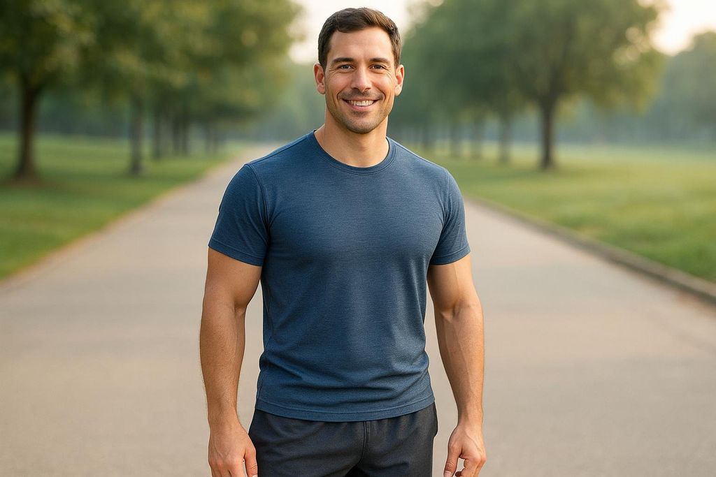 A healthy man with a flat stomach and good posture, representing the 'Healthy' body fat percentage category.