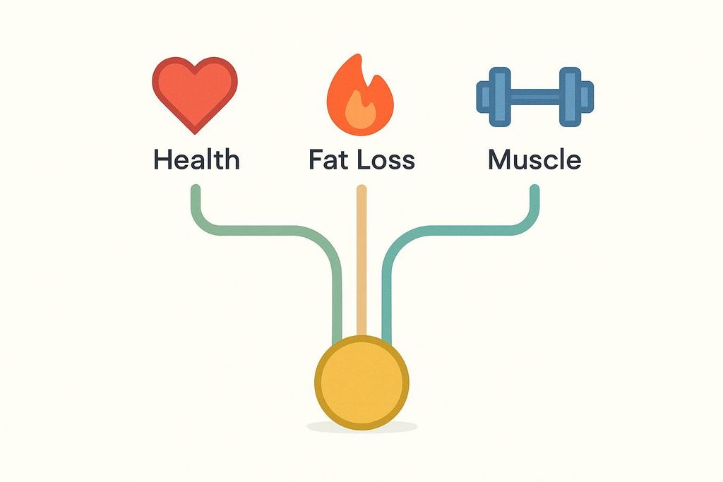 A diagram illustrating three fitness goals: Health, Fat Loss, and Muscle. Each goal has a distinct icon (heart, flame, and dumbbell respectively) and is connected by a curved line to a central yellow circle at the bottom, symbolizing a unified starting point or foundation.