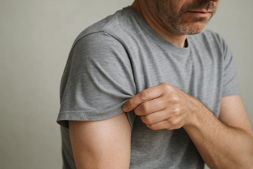 A man in a gray t-shirt is shown from the chest up, pinching the loose fabric of his sleeve near his bicep, indicating potential muscle loss or sarcopenia.