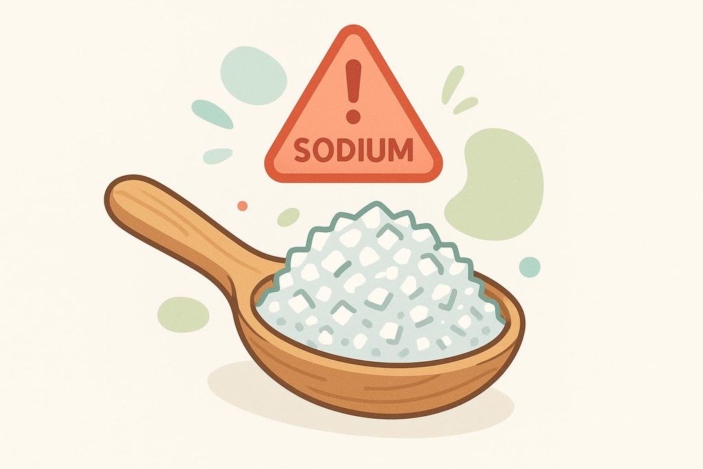 Illustration of a wooden spoon overflowing with white salt crystals, with a red triangular warning sign above it that reads 'SODIUM' and has an exclamation mark.