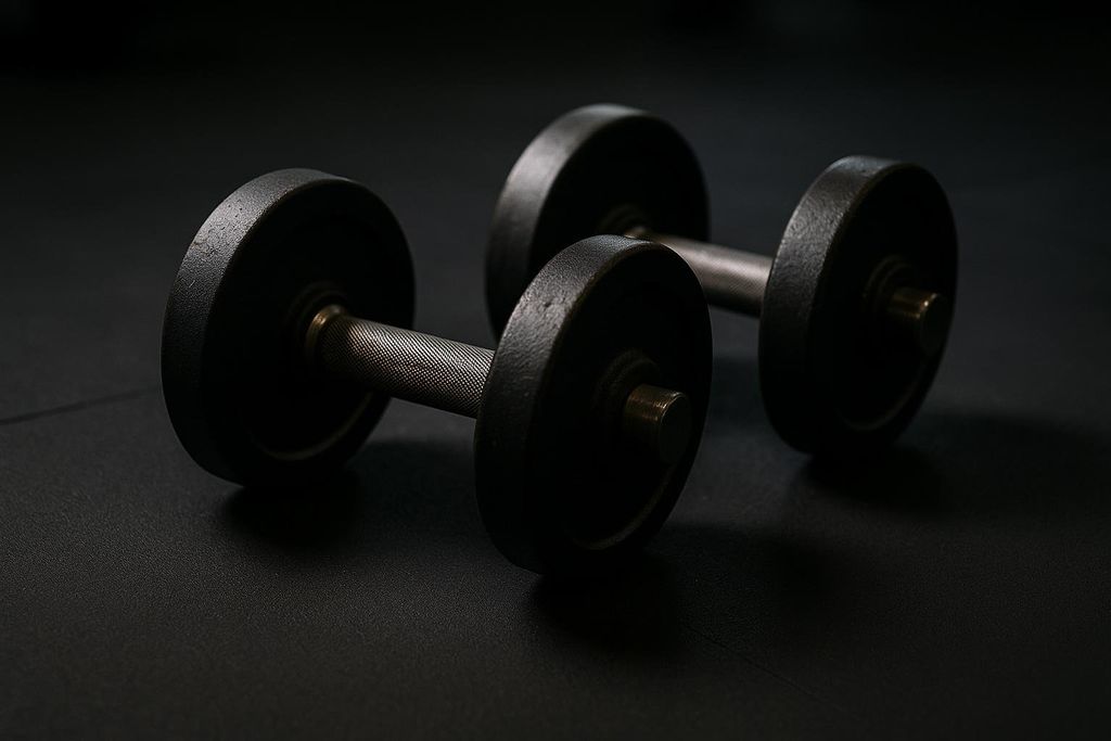 Dumbbells resting on a gym floor, representing strength training.