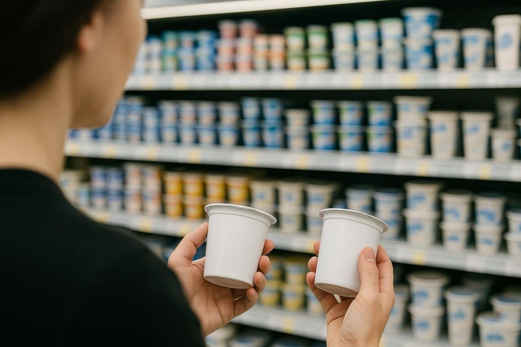 A shopper in a grocery aisle comparing the labels of two different yogurt containers, with shelves of yogurt containers blurred in the background.