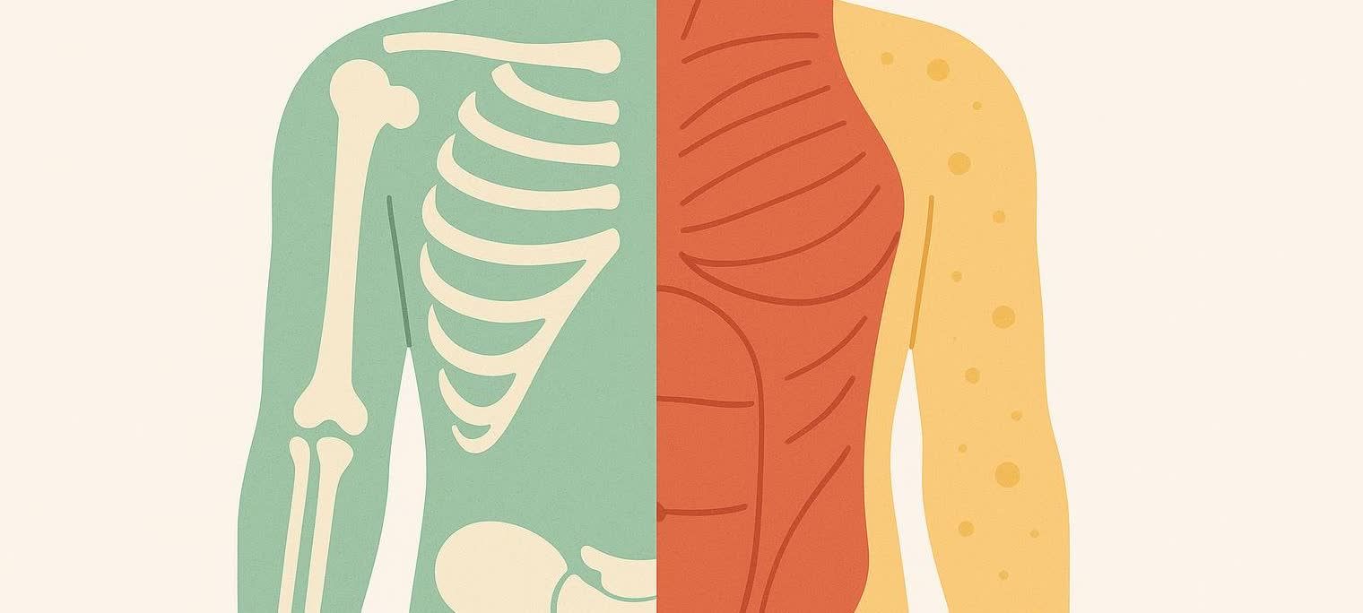 Abstract vector artwork showing the human body composition. The left side (green background) illustrates bones like the rib cage and arm bones. The middle section (red background) depicts muscles. The right side (yellow background with dots) represents fat tissue. The overall image visualizes the layers of a human arm and upper torso in a simplified, colorful style.